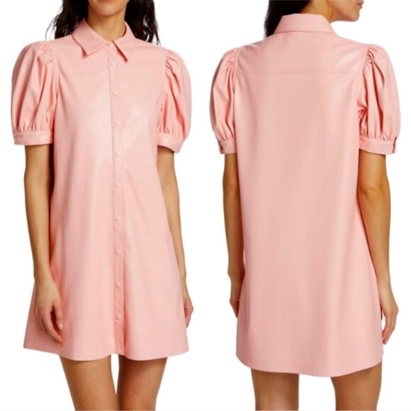 Alice + Olivia Jem Vegan Leather Mini Dress Sz M Petal Pink Snap Button Front - Picture 1 of 9